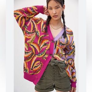 Anthropologie Farm Rio Banana Colourblocked Cardigan size L petite
